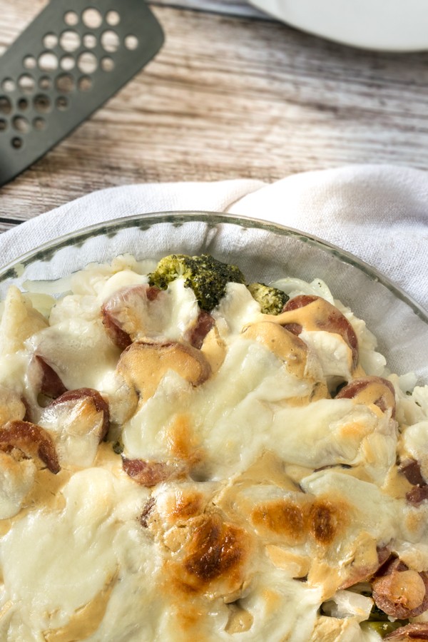 Low Carb Sausage and Broccoli Cauliflower Gratin