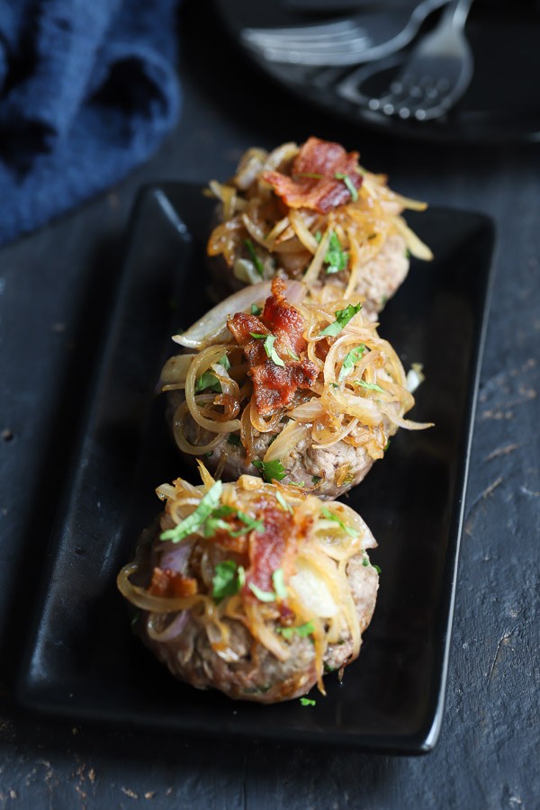 Low Carb Bacon Lamb Burgers with Fried Onions